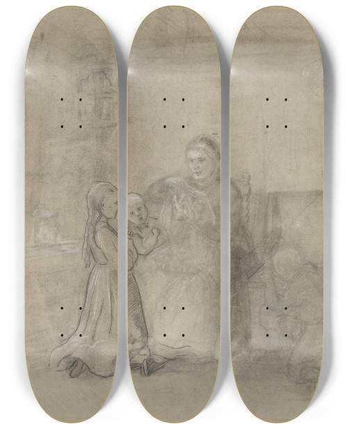 Triptych art skateboard deck of Adolph Tidemand Grandmas Bridal Crown by Adolph Tidemand (1814-1876)