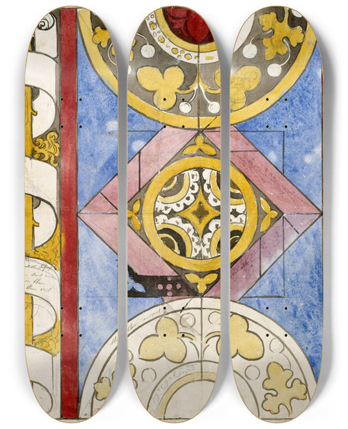 Triptych art skateboard deck of Prosper Lafaye Motifs Gomtriques Et Bordure Phylactre Enroul Autour Dune Tige Vgtale by Prosper Lafaye (1806-1883)