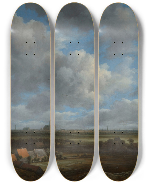 Triptych art skateboard deck of Jacob Van Ruisdael View Of Haarlem From The Northwest With The Bleaching Fields In The Foreground by Jacob Van Ruisdael (1628-1682)