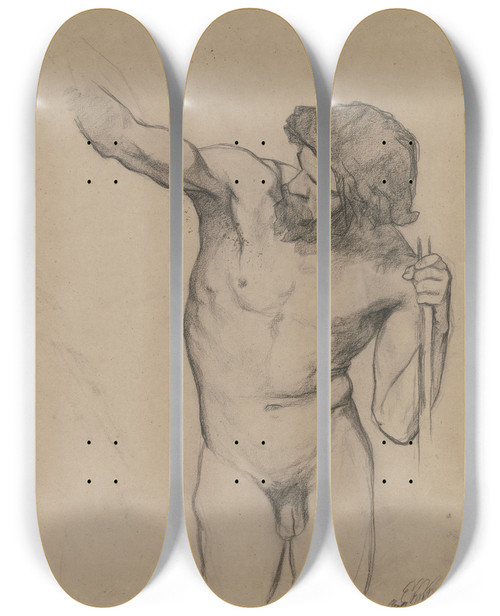 Triptych art skateboard deck of Victor Mller Brtiger Mnnlicher Akt Die Linke Auf Einen Angedeuteten Stab Gesttzt Die Rechte Erhoben by Victor Muller (1829-1871)