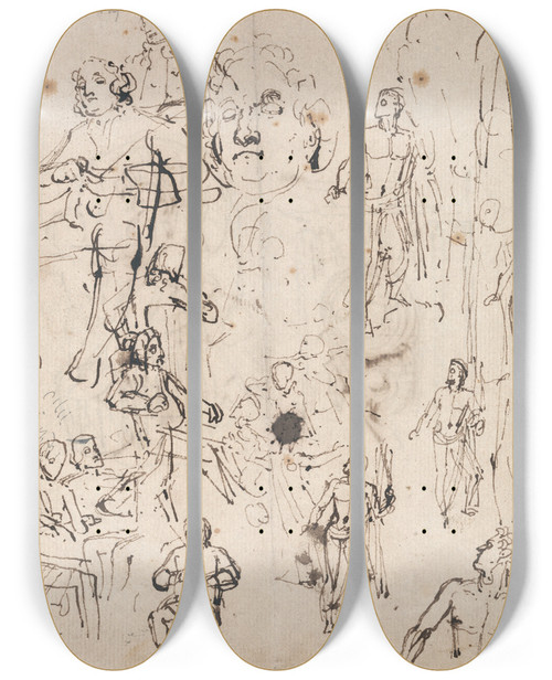 Triptych art skateboard deck of Thomas Stothard Sir Roger De Coverly by Thomas Stothard (1755-1834)