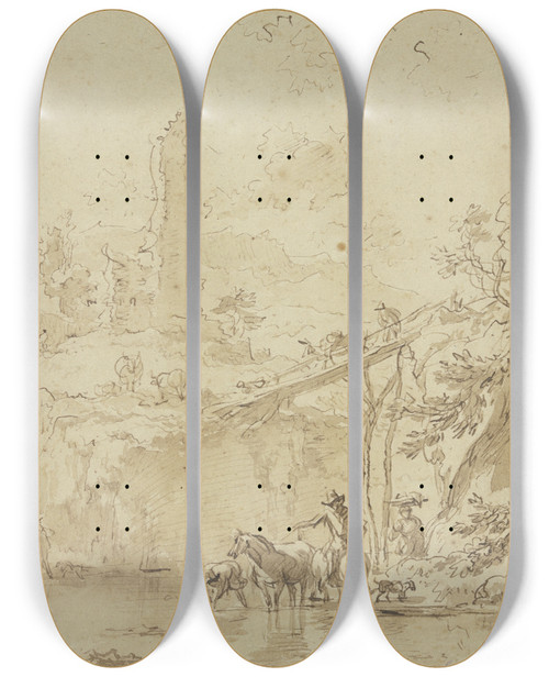 Triptych art skateboard deck of Nicolaes Pietersz Berchem Burgruine Rechts Ein Hoher Steg Ein Bauer Trnkt Seine Pferde by Nicolaes Pietersz Berchem (1620-1683)