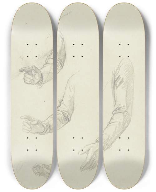 Triptych art skateboard deck of Jakob Becker Studienblatt Gestikulierende Arme by Jakob Becker (1810-1872)