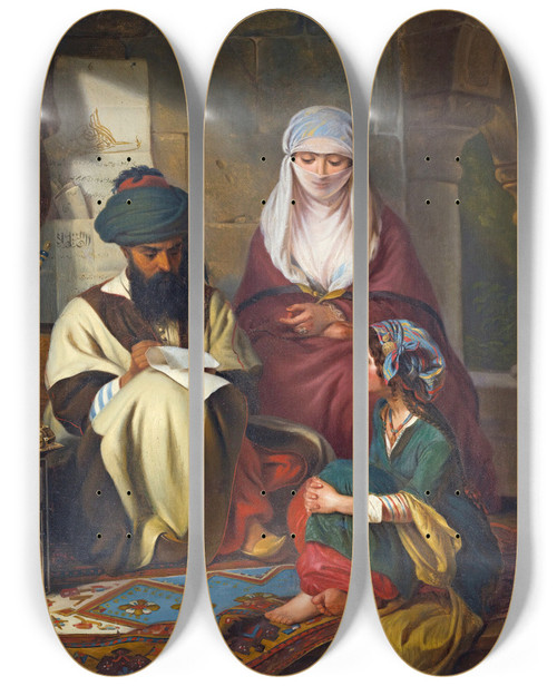 Triptych art skateboard deck of Georg Wilhelm Timm The Scribe by Georg Wilhelm Timm (1820-1895)