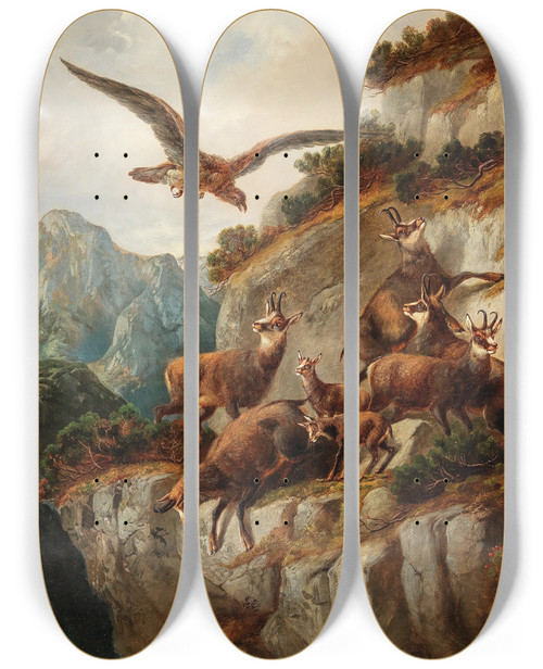 Triptych art skateboard deck of Moritz Mller Chamois And Eagle On A Steep Cliff Face by Moritz Melzer (1841-1899)