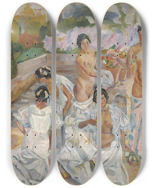 Triptych art skateboard deck of Francisco Iturrino The Bath Seville by Francisco Iturrino (1864-1924)