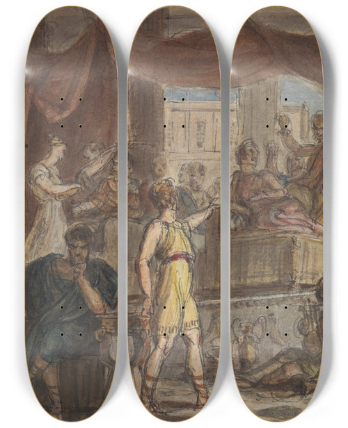 Triptych art skateboard deck of Robert Smirke Study Of A Roman Banquet Scene by Robert Smirke (1752-1845)