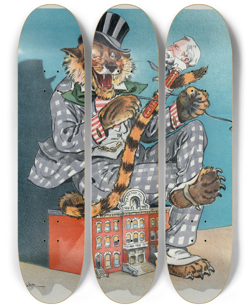 Triptych art skateboard deck of John Samuel Pughe The Tammany Alliance by John Samuel Pughe (1870-1909)