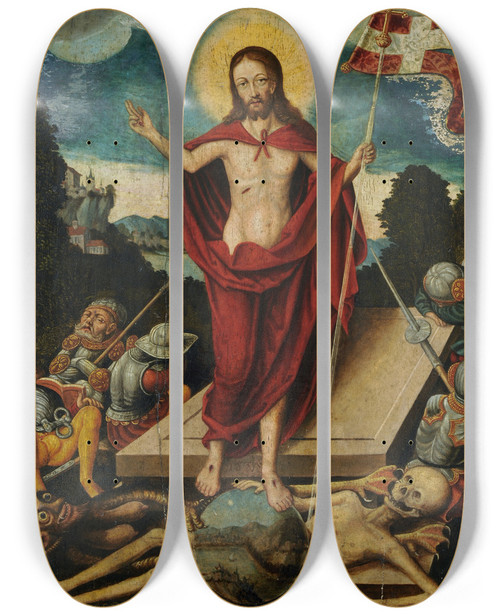 Triptych art skateboard deck of Follower Of Lucas Cranach The Elder Resurrection Of Christ And The Triumph Over Death And Devil by Follower Of Lucas Cranach The Elder (1472-1553)