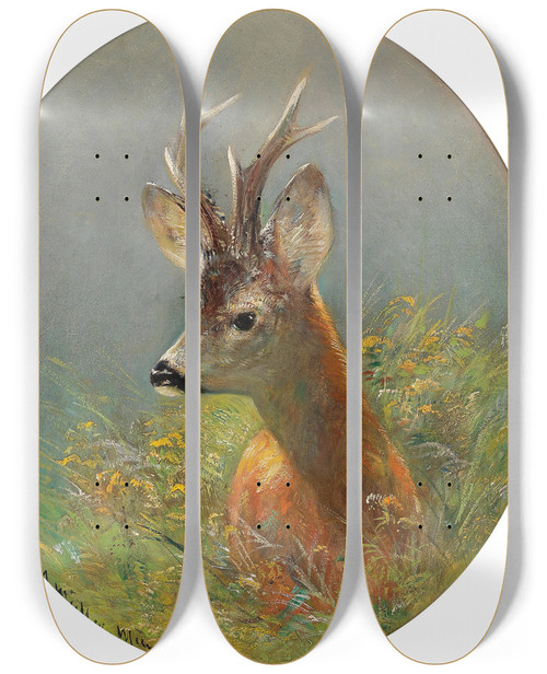 Triptych art skateboard deck of Moritz Mller Roebuck Standing In The Tall Grass by Moritz Melzer (1841-1899)