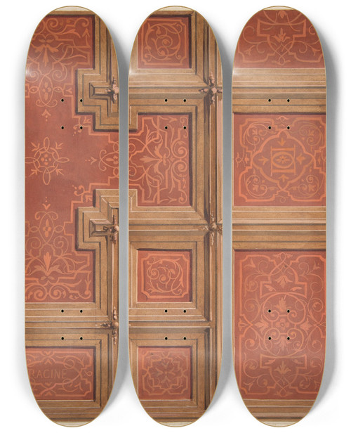 Triptych art skateboard deck of Julesedmondcharles Lachaise Design For The Decoration Of A Coffered Ceiling Ornamented With The Name Racine And Entwined Letters Dd by Jules-Edmond-Charles Lachaise (1897)