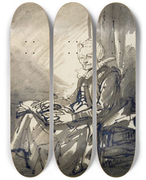Triptych art skateboard deck of Rembrandt Van Rijn Seated Woman With An Open Book On Her Lap by Rembrandt Van Rijn (1606-1669)