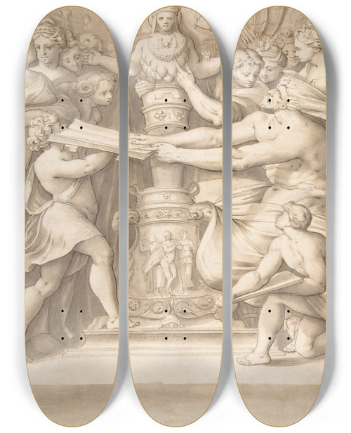 Triptych art skateboard deck of Joseph Heintz The Elder Figures Adoring A Statue Of The Magna Mater by Joseph Heintz The Elder (1564-1609)