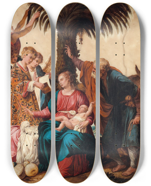 Triptych art skateboard deck of Carlo Saraceni The Rest During The Flight Into Egypt With A Deacon And Three Angels by Carlo Saraceni (1579-1620)