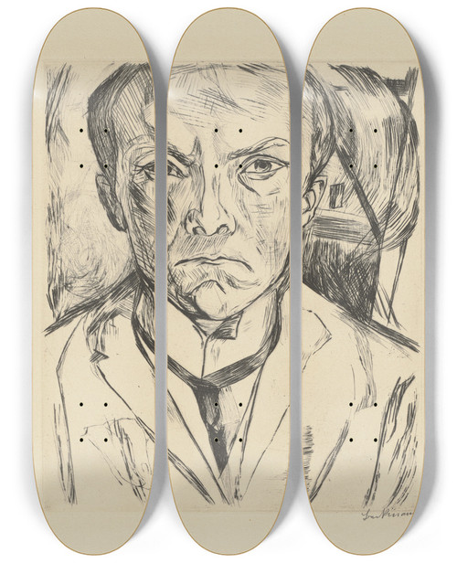 Triptych art skateboard deck of Max Beckmann Frontal Selfportrait With House Gable In Background by Max Beckmann (1884-1950)