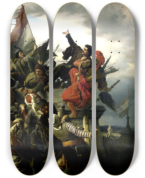 Triptych art skateboard deck of Alexander Von Wagner The Selfsacrifice Of Titusz Dugovics by Alexander von Wagner (1838-1919)
