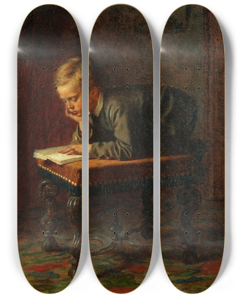 Triptych art skateboard deck of Eastman Johnson Reading Boy by Eastman Johnson (1824-1906)