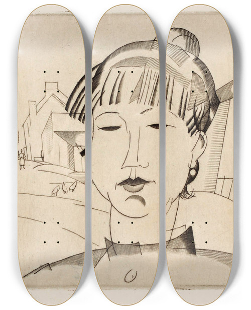 Triptych art skateboard deck of Jean Emile Laboureur Hoofd Van Een Vrouw by Jean Emile Laboureur (1877-1943)