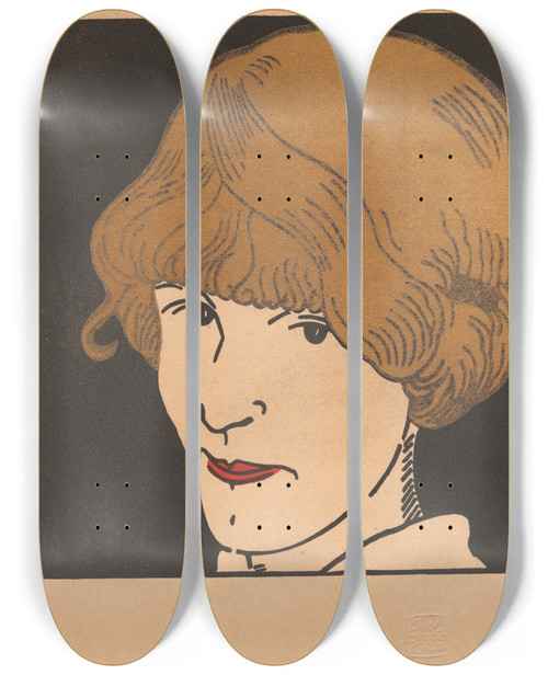 Triptych art skateboard deck of Jean Emile Laboureur Masque Aux Cheveux Dor by Jean Emile Laboureur (1877-1943)