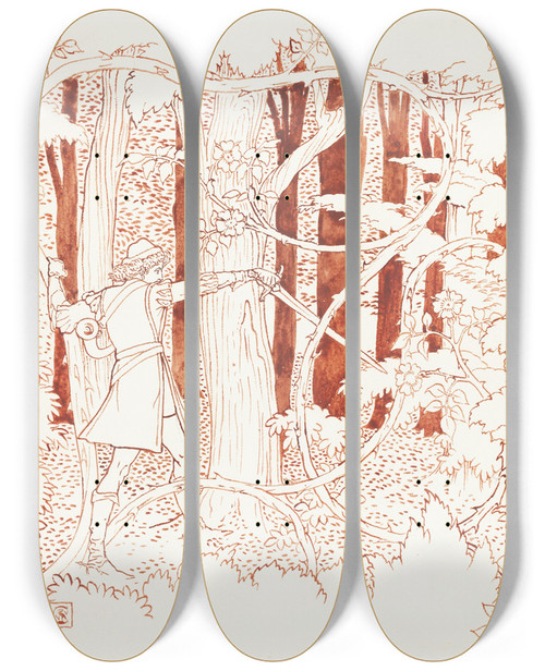 Triptych art skateboard deck of Walter Crane Prince Charming In The Forest by Walter Crane (1845-1915)