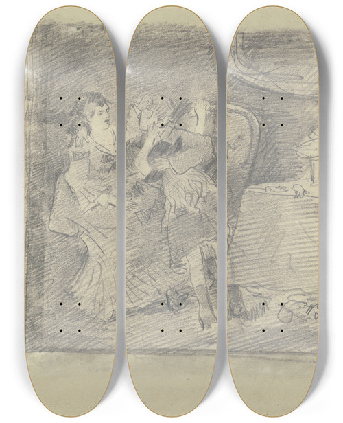 Triptych art skateboard deck of Wilhelm Trbner Dame Und Herr Mit Kind Auf Einem Sofa Daneben Tisch Mit Glas Und Fruchtschale by Wilhelm Trubner (1851-1917)