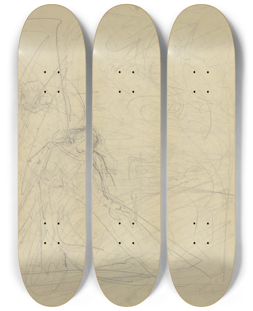 Triptych art skateboard deck of Victor Mller In Ihrem Sessel Zusammengesunkene Frau In Der Linken Einen Brief Haltend Eine Weitere Stehende Gestalt Hinter Ihr by Victor Muller (1829-1871)
