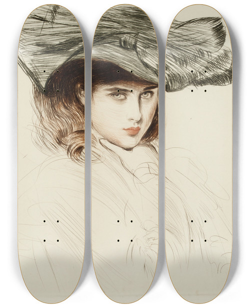 Triptych art skateboard deck of Paul Csar Helleu Portrait Of A Young Lady With Hat by Paul Cesar Helleu (1859-1927)