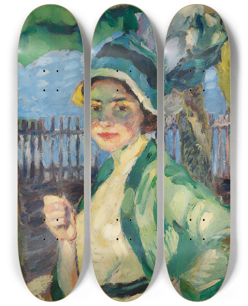 Triptych art skateboard deck of Leo Putz Portrt Einer Dame Unter Grnem Schirm Frieda Blell by Leo Putz (1869-1940)