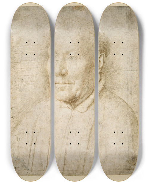Triptych art skateboard deck of Jan Van Eyck Portrait Of Cardinal Niccol Albergati by Jan Van Eyck (1390-1441)