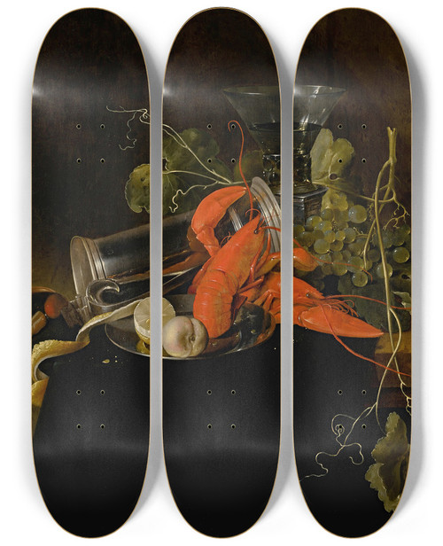 Triptych art skateboard deck of Jan Davidsz De Heem Still Life With Two Lobsters An Overturned Tankard A Berkemeier Glass Grapes And A Lemon by Jan Davidsz de Heem (1606-1684)