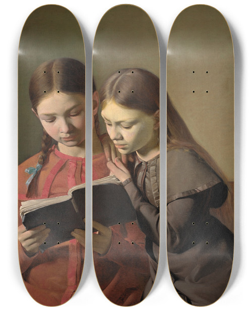 Triptych art skateboard deck of Constantin Hansen The Artists Sisters Signe And Henriette Reading A Book by Constantin Hansen (1804-1880)