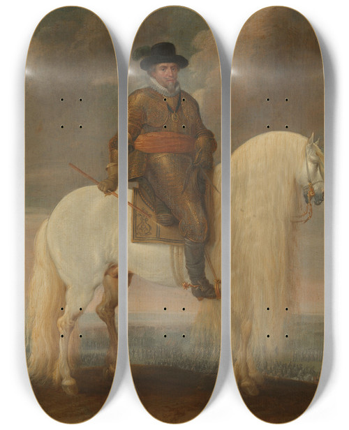Triptych art skateboard deck of Pauwels Van Hillegaert Prince Maurits Astride The White Warhorse Presented To Him After His Victory At Nieuwpoort by Pauwels Van Hillegaert (1596-1640)