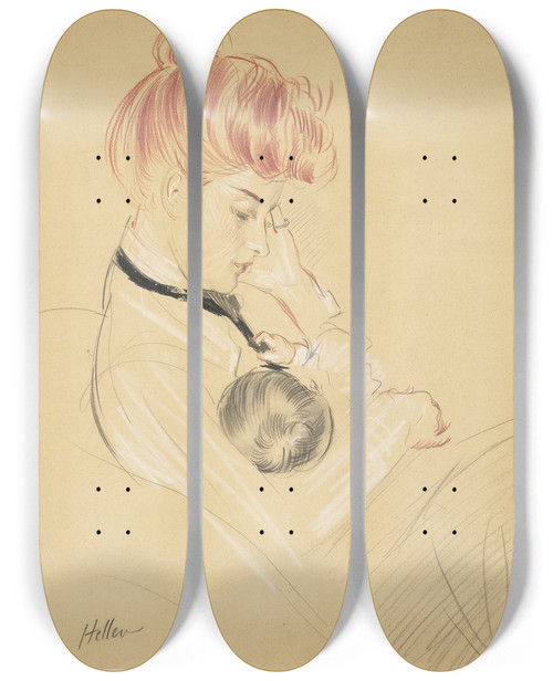 Triptych art skateboard deck of Paul Csar Helleu Madame Helleu Cradling Paulette In Her Arms by Paul Cesar Helleu (1859-1927)