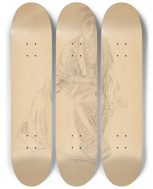 Triptych art skateboard deck of Peter Hansen Kunstnerens Hustru Fru Elise P H Siddende Studie Til Maleriet Faaborgmuseets Indvielse 191011 by Peter Hansen (1868-1928)
