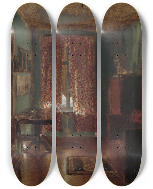 Triptych art skateboard deck of Adolph Von Menzel The Artists Sitting Room In Ritterstrasse by Adolph Von Menzel (1815-1905)