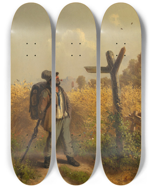 Triptych art skateboard deck of Adolf Heinrich Lier Der Landstreicher Am Wegweiser by Adolf Heinrich Lier (1826-1882)