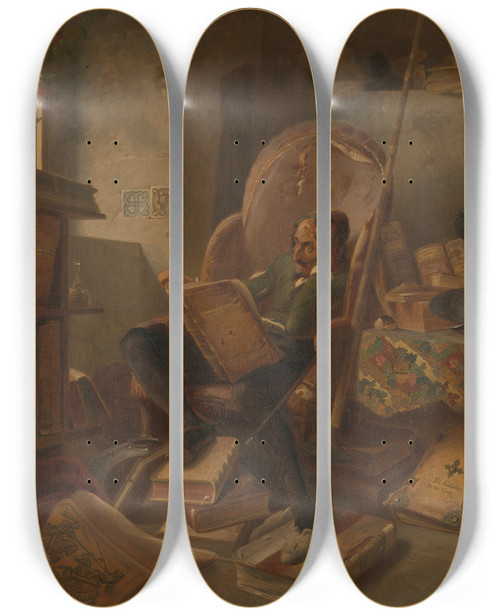 Triptych art skateboard deck of Adolf Schrdter  Don Quixote In His Study by Adolf Schrodter (1805-1875)