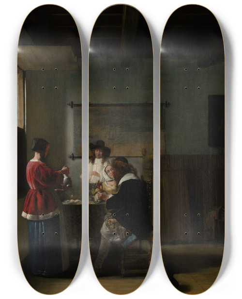 Triptych art skateboard deck of Pieter De Hooch The Visit by Pieter De Hooch (1629-1684)