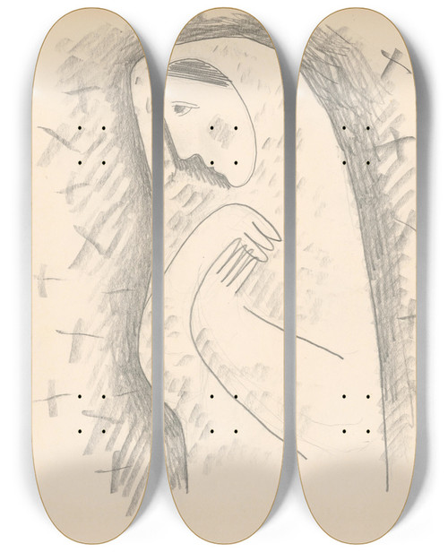 Triptych art skateboard deck of Mikul Galanda A Villager In A Cemetary by Mikulas Galanda (1895-1938)