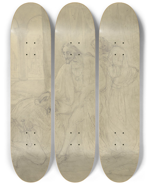 Triptych art skateboard deck of Victor Mller Ein Kniender Edelmann Hlt Das Knie Eines Vor Ihm Sitzenden Frsten Umschlungen Hinter Diesem Stehend Eine Junge Frau Mit Trauriger Miene Die Szene Verfolgend by Victor Muller (1829-1871)
