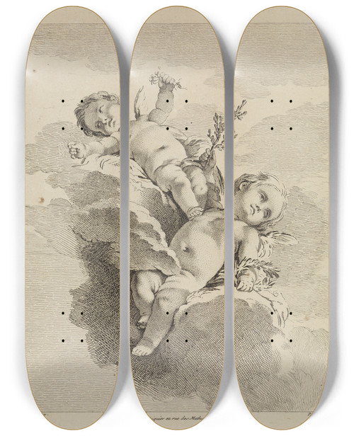 Triptych art skateboard deck of Pierrealexandre Aveline Zwei Putten Mit Lorbeerkranz by Pierre-Alexandre Aveline