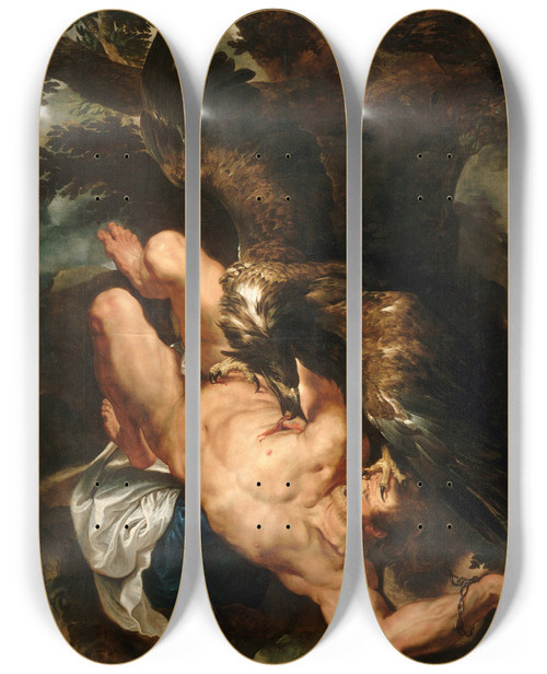 Triptych art skateboard deck of Peter Paul Rubens Prometheus Bound by Peter Paul Rubens (1577-1640)