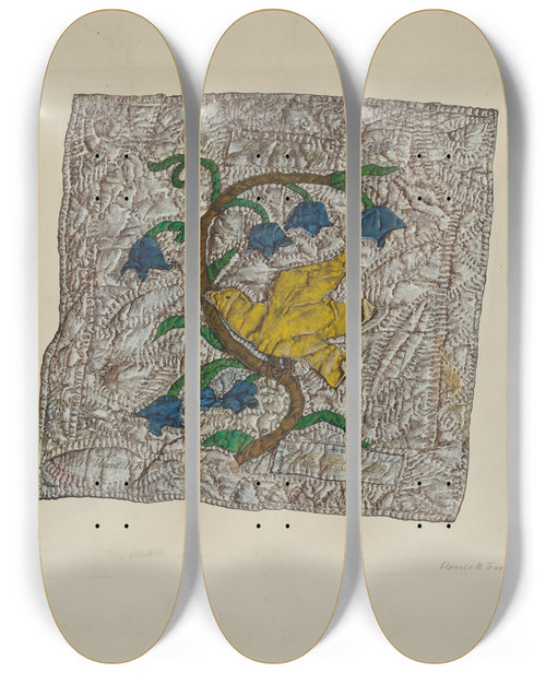 Triptych art skateboard deck of Florence Truelson Quilt Block Constancy by Florence Truelson