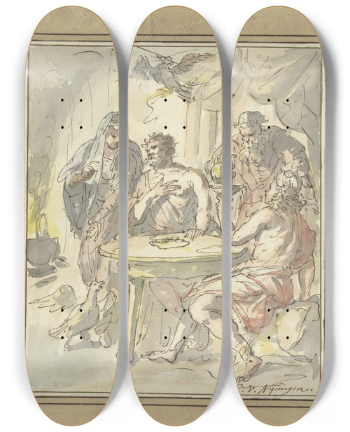 Triptych art skateboard deck of Elias Van Nijmegen Philemon En Baucis by Elias Van Nijmegen (1667-1755)