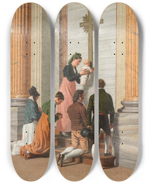 Triptych art skateboard deck of Christoffer Wilhelm Eckersberg Devotion By The Holy Door Of St Peters Basilica by Christoffer Wilhelm Eckersberg (1783-1853)