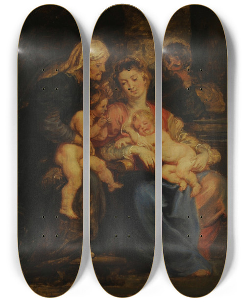 Triptych art skateboard deck of Peter Paul Rubens La Sagrada Familia Con Santa Isabel Y San Juan by Peter Paul Rubens (1577-1640)