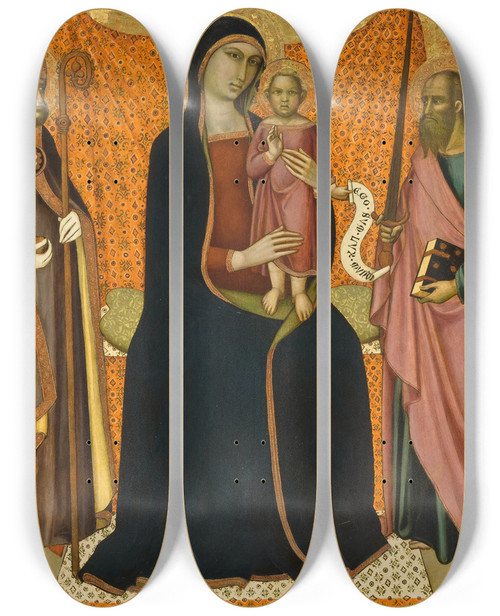 Triptych art skateboard deck of Luca Di Tomm Madonna And Child With Sts Nicholas And Paul by Luca di Tomm (1330-1389)