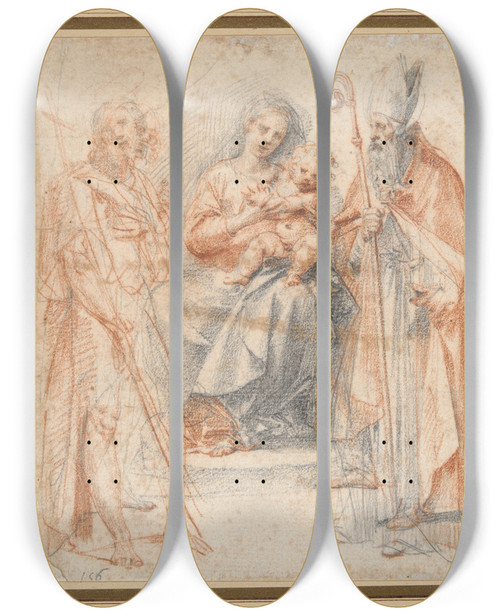 Triptych art skateboard deck of Giuseppe Cesari Madonna And Child With St John The Baptist And Staugustine by Giuseppe Cesari (1568-1640)