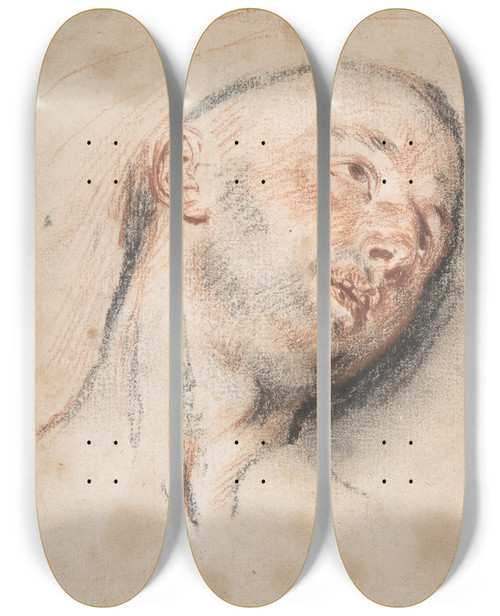Triptych art skateboard deck of Jeanantoine Watteau Head Of A Man by Jean-Antoine Watteau (1684-1721)