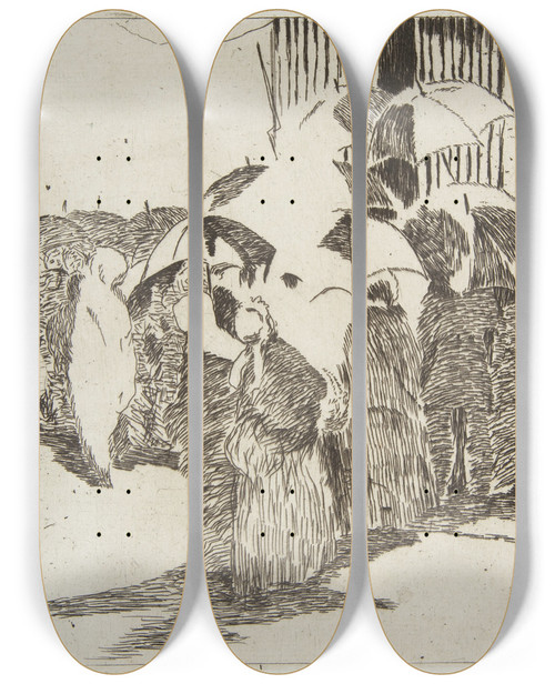 Triptych art skateboard deck of Douard Manet Line In Front Of The Butcher Shop by douard Manet (1832-1883)